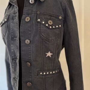 Upcycled Baccini Black Denim Jacket with Star and Stud Accents